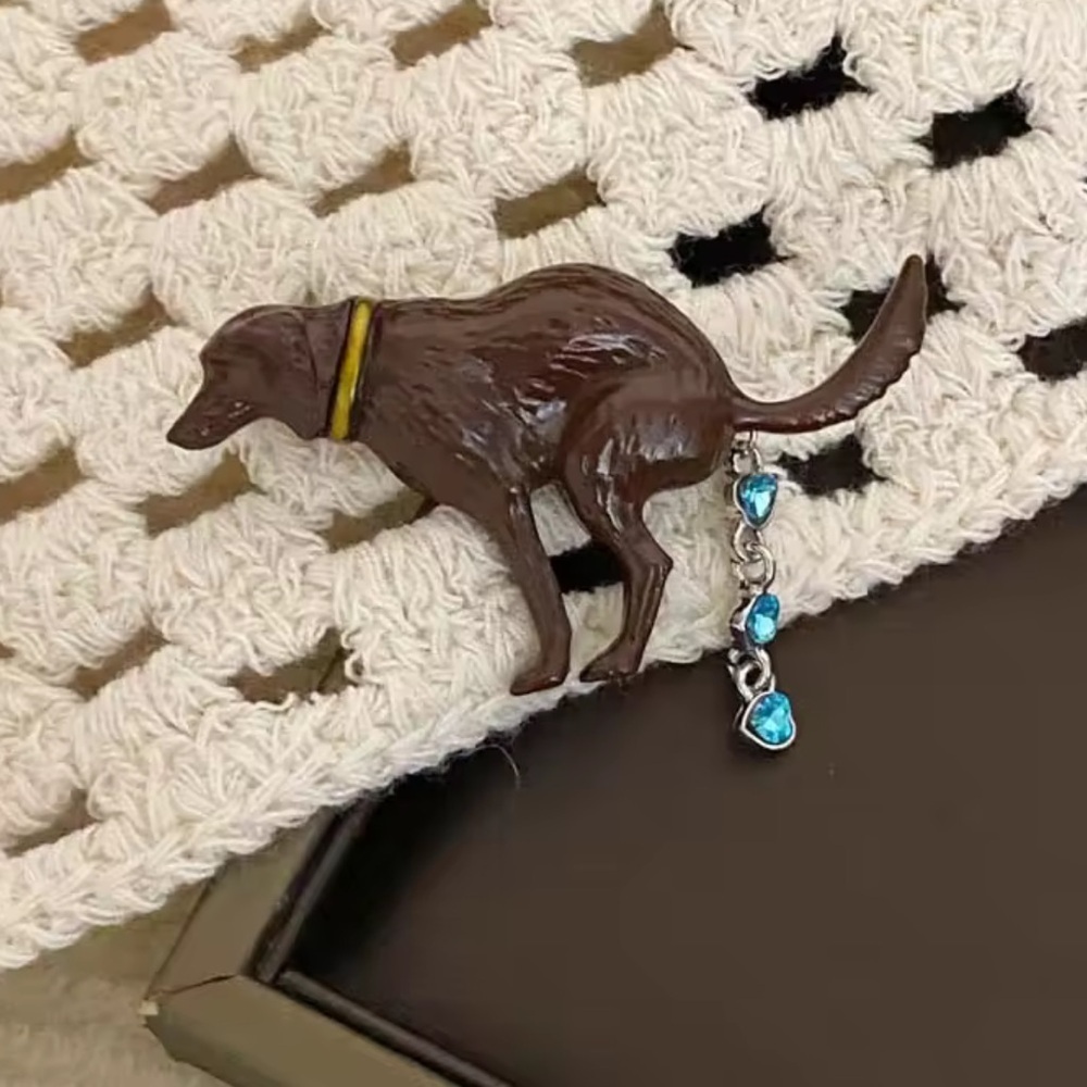 Pooping Dog Brooch with Blue Accents